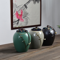 Ceramic tea cans household sealed cans large tea storage cans retro green portable Puer coarse pottery small tea cans
