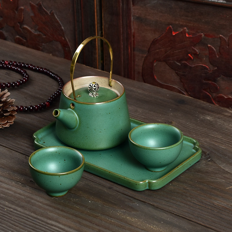 Artisan retro green day style Ti-beam pot kutian tea furniture set coarse pottery a pot of two cups of tea tray teapot gift