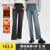 三福 Весенние джинсы, удерживающие тепло черные штаны, тренд сезона, по фигуре, свободный прямой крой, подходит для подростков