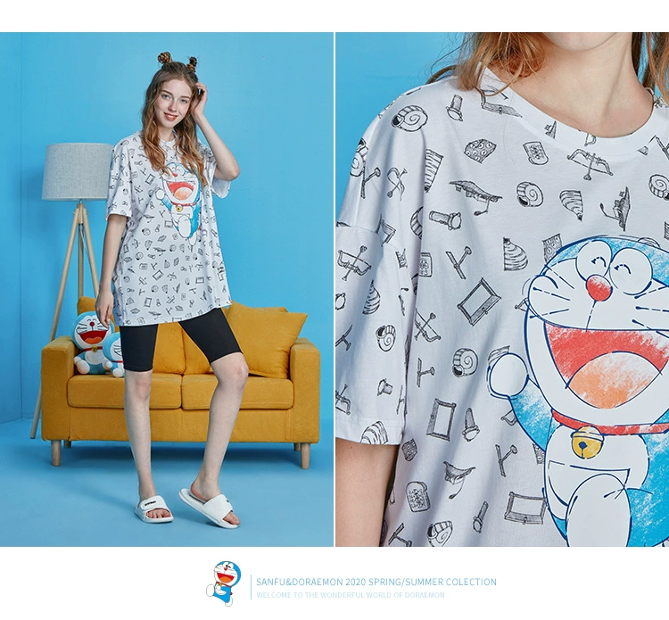 Sanfu Nữ Bộ Pajama Mùa Hè Doraemon IP Cổ Tròn Tay Ngắn Cưỡi Đồ Mặc Nhà Thông Thường 427741 - Cặp đôi