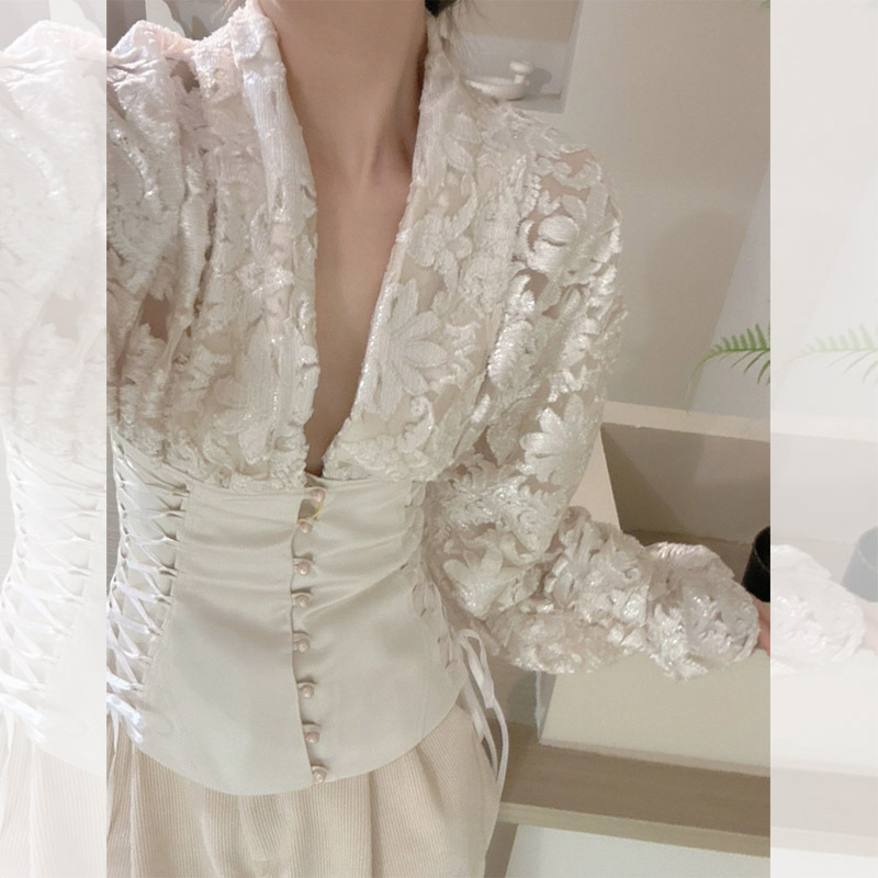 White V-Neck Lace Blouse for Women, Unique Design, Niche Style, 2026 Spring New French Retro Tie-Waist Short Top