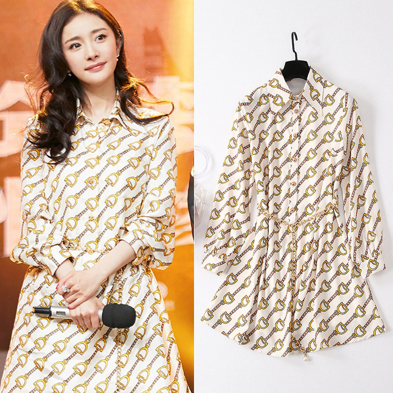 Celebrity Yang Mi's Same Style Dress European Station Spring and Autumn Women's 2026 New Loose Printed Long-Sleeve Shirt Dress