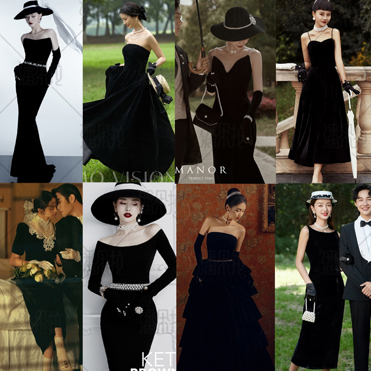 New Style Studio Retro Hepburn-Style Black Velvet Evening Dress French Couple Theme Travel Photography Wedding Photography Clothing