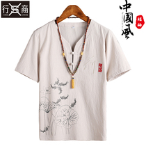 Chinese style summer short-sleeved T-shirt mens trend loose T-shirt cotton and linen clothes embroidery youth Buddha linen shirt