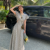 2022 new law style retro palace court windy waist long dress design feeling small and thin plaid dress children summer