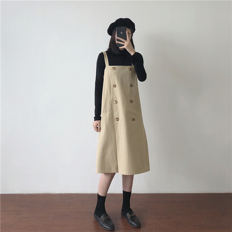 Muzi 18 mùa thu và mùa đông / dụng cụ dây đeo váy nữ kaki / hải quân màu xanh hoang dã đoạn dài dây đeo váy chân váy xòe dài