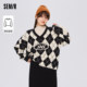 Semir Sweater ຂອງແມ່ຍິງເພັດ Check Loose College Style Stacked 2022 ລະດູຫນາວໃຫມ່ V-neck Drop Shoulder Jacquard Top Retro
