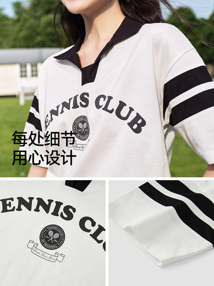 森马POLO衫女中长款纯棉字母印花时尚2024夏季新款宽松衣服学院风