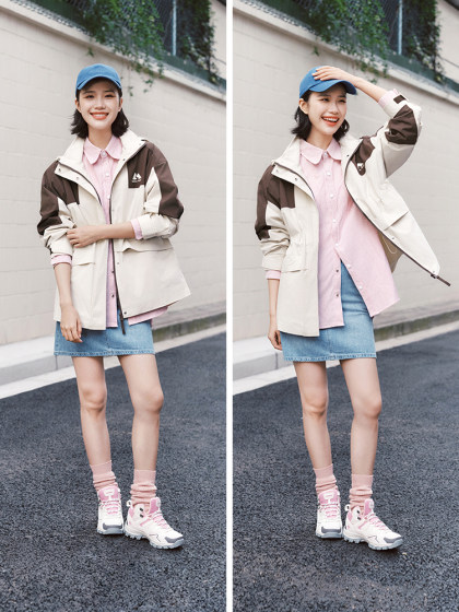 森马外套女中长款拼色三防宽松2024春新款帅气连帽上衣