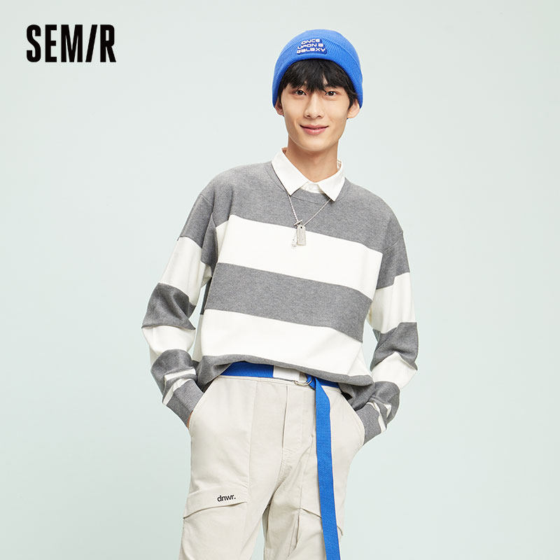 (Store delivery) senma sweater men fake two striped sweater 2021 spring new loose tide sweater