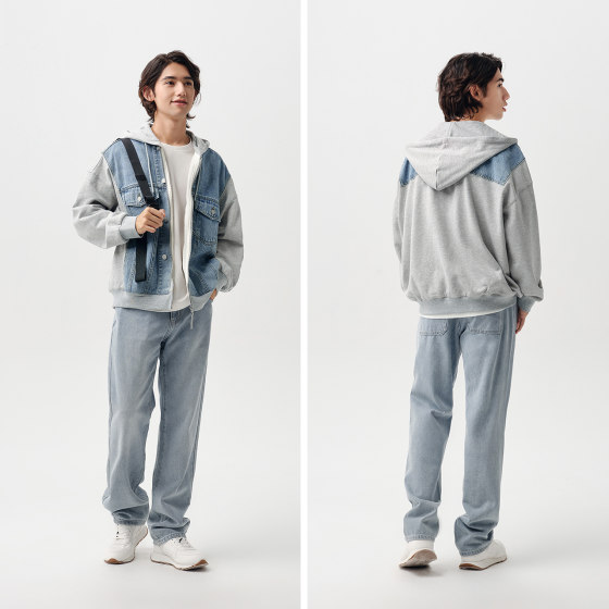 森柔牛仔|森马夹克男绣花拼接牛仔外套春假两件连帽上衣oversize