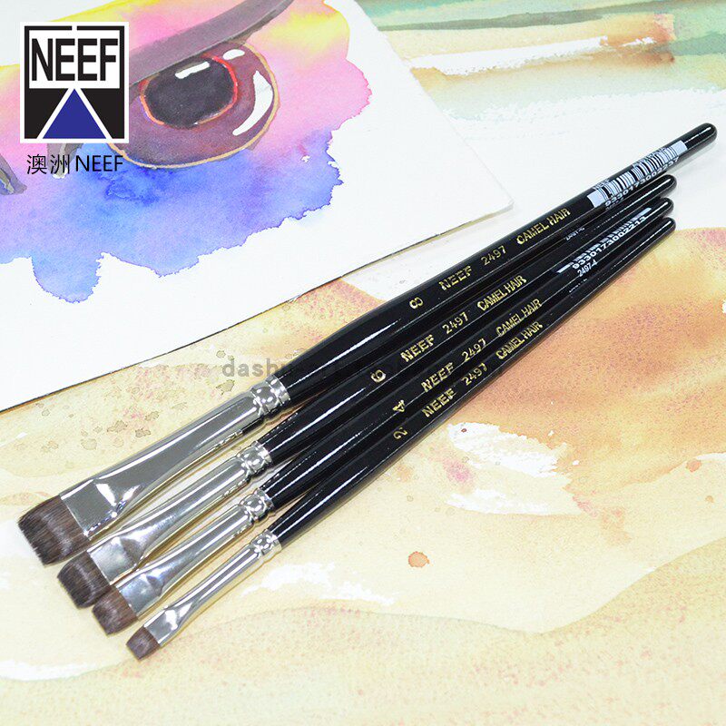 Australia NEEF 2497 camel hair long rod short peak flat head watercolor brush flat brush art painting watercolor pen