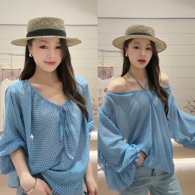 04/17 Amy Yingzi's Personal Collection! Same Style as Xie Bu Rou! Off-Shoulder Polka Dot Tie Loose Long-Sleeve Top!
