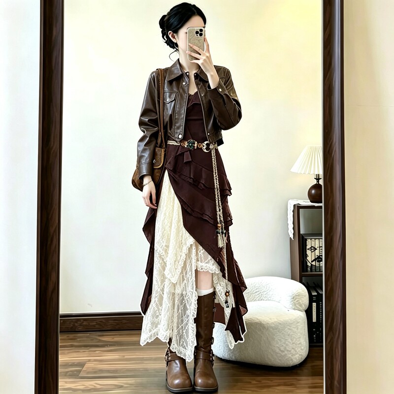 Travel Outfit for Western Sichuan: Early Autumn Wasteland Style Short Jacket, Bohemian Style Suspender Dress, Lace Skirt for Women