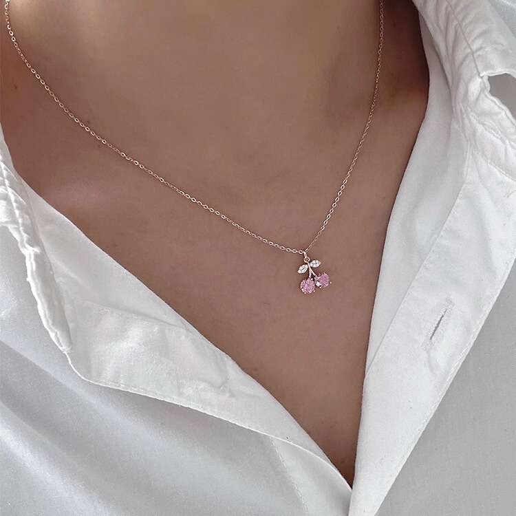 Aaabd Small Cherry Two-Diamond Pendant Necklace Moissanite Blue Accessories Pink Jewelry Sterling Silver Clavicle Chain Aaabd Small Cherry Two-Diamond Pendant Necklace Moissanite Blue Accessories Pink Jewelry Sterling Silver Clavicle Chain