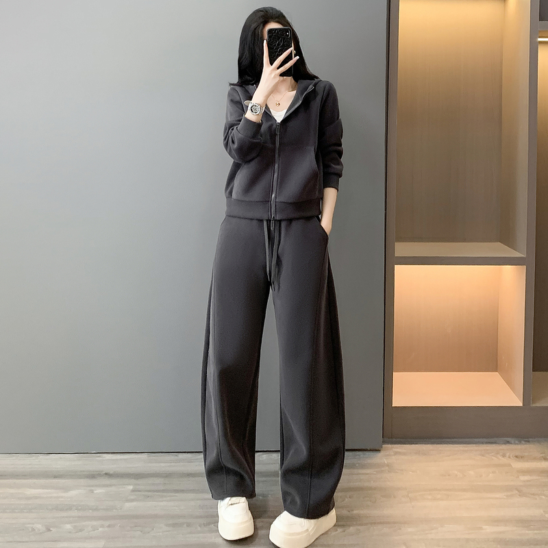 High-End European Style Gray Casual Sports Suit for Women, Autumn and Winter Fleece-Lined, Slimming, Spring and Autumn Two-Piece Set, 2026 New Model High-End European Style Gray Casual Sports Suit for Women, Autumn and Winter Fleece-Lined, Slimming, Spring and Autumn Two-Piece Set, 2026 New Model