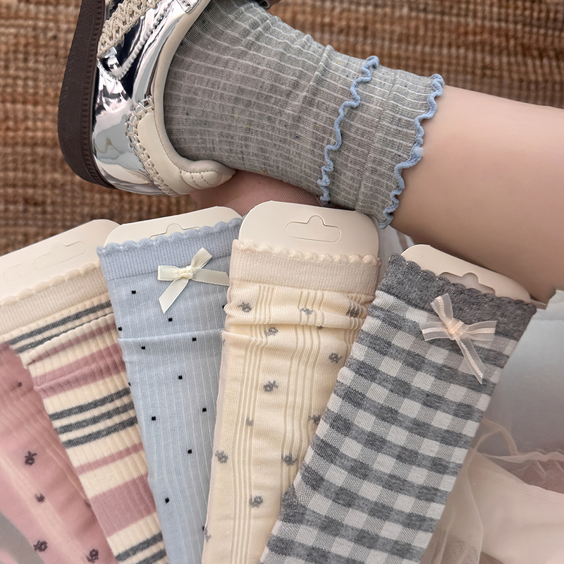 Bowknot Seamless Socks for Women, Mid-Calf Length, Thin Spring/Summer Style, Ballet Style, Gray-Blue, Korean Version, ins Stacked Socks, Cotton Socks