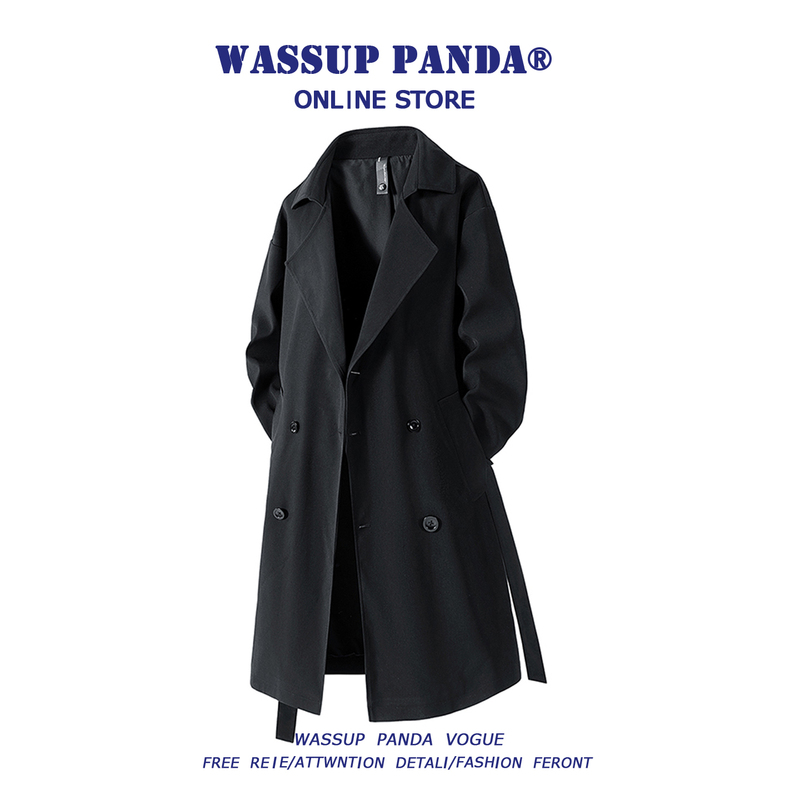Wassup Panda Retro Mid-Length Windbreaker Jacket for Men, Spring & Fall, High-End, Loose, Casual, Over-The-Knee Coat