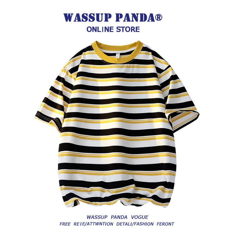 Wassup Panda American Retro Stripesd Short-Sleeved T-Shirt Men's Summer Trendy Brand Loose Couple Pure Cotton Top Wassup Panda American Retro Stripesd Short-Sleeved T-Shirt Men's Summer Trendy Brand Loose Couple Pure Cotton Top