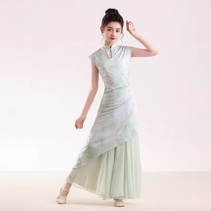 Children's Classical Dance Clothing, Printed Cheongsam, Elegant Dance Costume, Chinese Style Body Rhythm Practice Clothes, Performance Costume Set