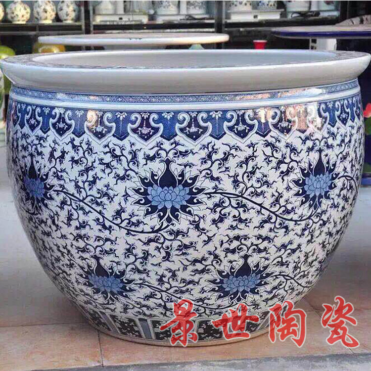 Jingdezhen ceramic large tank fish tank turtle water lily tank blue and white hand-painted twined lotus extra-large living room decorative ornaments