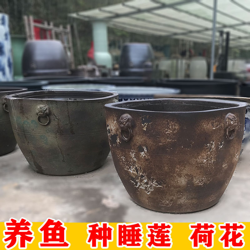 Antique large cylinder imitation coarse pottery handmade round jar cylinder lion head ceramic living-room lotus flower cylinder courtyard trick lion ear feng shui cylinder