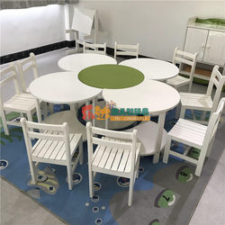 Kindergarten kids Painted Plum Blossom Table Double-Layer Round Table Crescent Table Early Education Garden Learning Desk Painting Game Table and Chairs