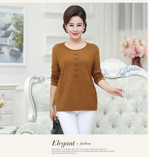 Phụ nữ trung niên và già 2019 xuân hè mới cổ tròn tay dài rộng 40-50 tuổi mẹ size áo thun cotton hàng đầu - Quần áo của mẹ áo thun nữ trung niên
