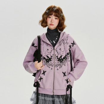 Girlyhalo american retro printed hooded sweatshirt jacket women's autumn new strap design loose top