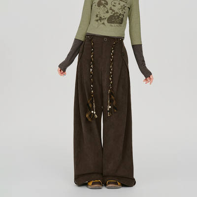 Girlyhalo American retro corduroy high-waisted wide-leg casual pants for women's autumn new design sense straight-leg trousers