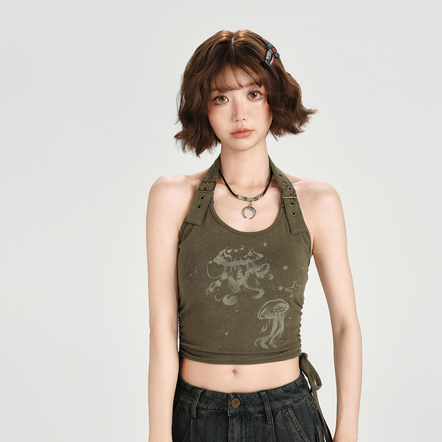 Girlhalo American retro hot girl halter sleeveless T-shirt vest women's summer new short slim slim top