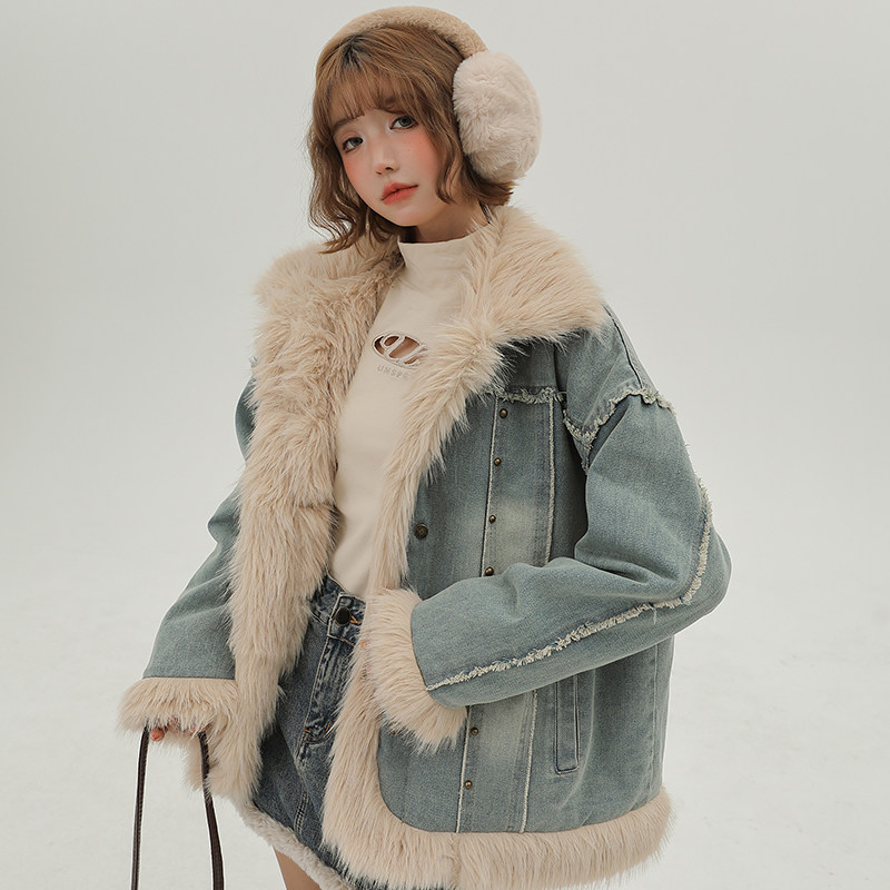 Girlyhalo American Vintage Plush Denim Jacket Woman Winter New Shampoo Splicing Fur Collar Clip Cotton Blouse-Taobao