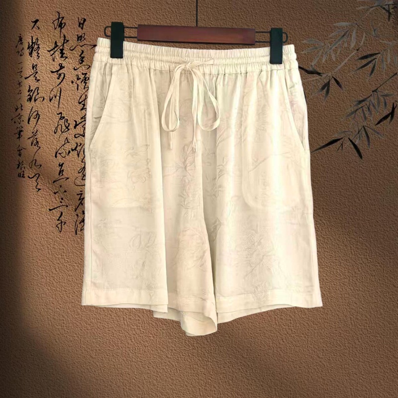 501 New Chinese-Style Versatile Outerwear Shorts, Comfortable Jacquard High-Waisted Retro Straight-Leg Pants, Summer Silk Satin Casual Pants for Women