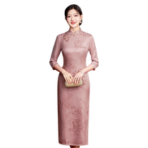 Cheongsam 2024 new autumn and winter pink silk cheongsam mulberry silk high-end mothers wedding dress noble and young