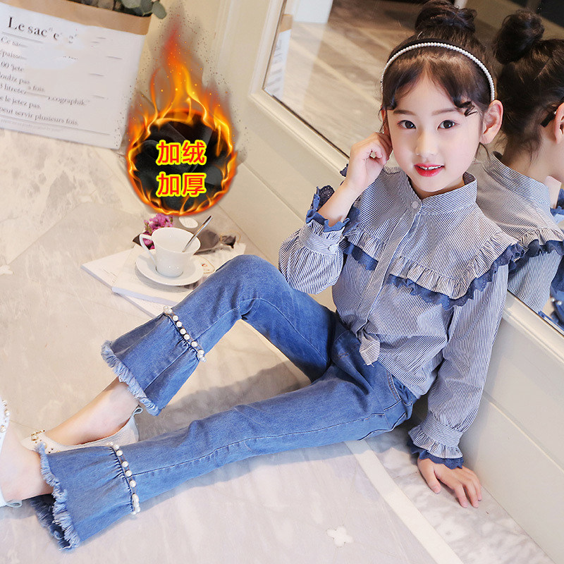 Girls' jeans 2022 autumn new fleece trousers thin velvet children's spring and autumn one velvet autumn and winter flared pants