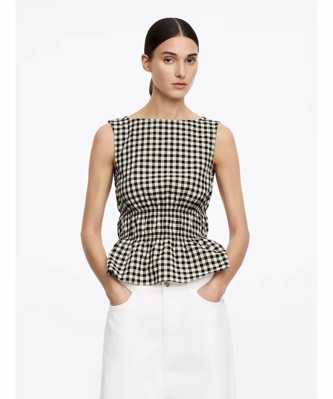 Ark Women's Clothing Cotton Sleeveless Vest Top Black/Plaid Summer New Style 1284023003