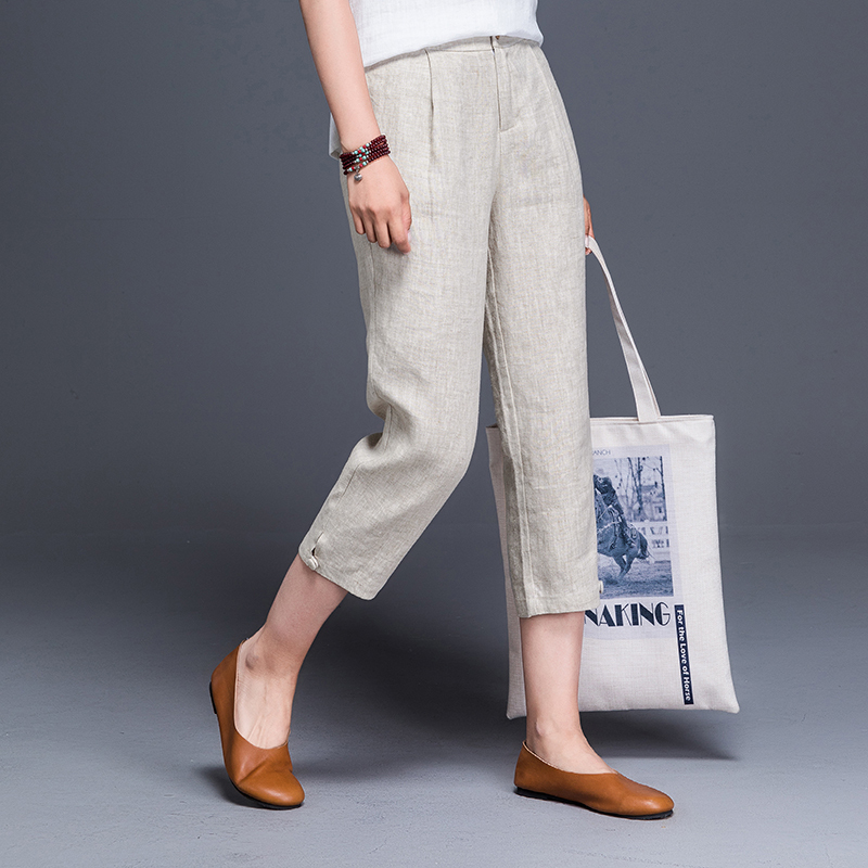 Pure Linen Cropped Pants for Women, 100% Linen Pants, High-Waisted, Fashionable Harem Pants, Loose, Slimming, Casual Pants