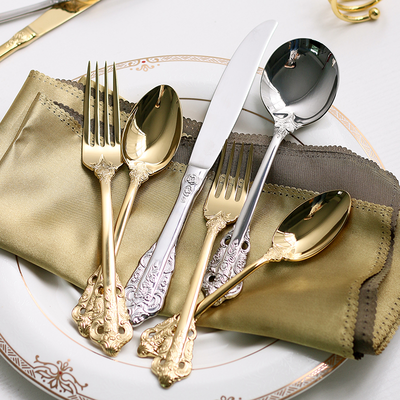 Vintage relief European court 304 stainless steel Western tableware Western knife and fork spoon spoon eating spoon Meal spoon fork