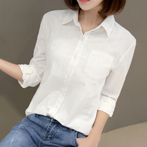 European station cotton linen white shirt female design sense niche new spring and autumn summer cotton long sleeve shirt