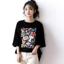 European station tide polished black T-shirt women 2021 new summer loose middle sleeve long cotton ins top