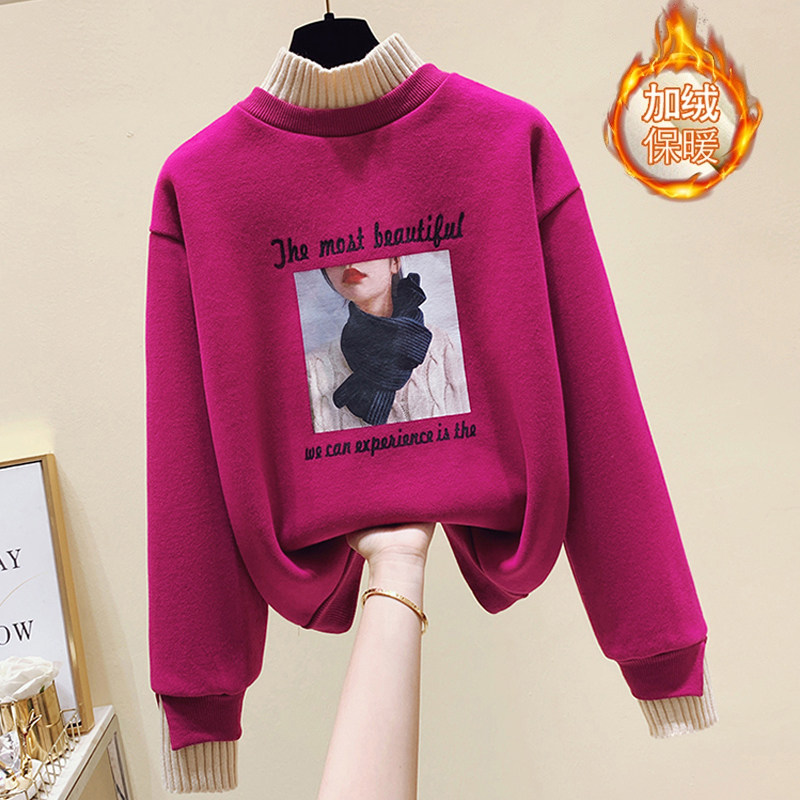 European station semi-high collar sweater women autumn and winter plus velvet thickened 2021 New loose hats big size jacket pullover