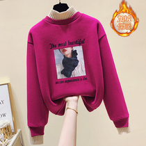 European station semi-high collar sweater female autumn and winter plus velvet thickened 2021 New loose hat large size jacket pullover