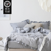  Simple cotton washed cotton four-piece set Princess style lotus leaf lace pure cotton quilt cover sheet bed sheet bedding