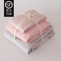 Tian Ju Nude Sleeping Cotton Four Piece Set Simple Striped Knitted Cotton quilt cover Bed Hats Cotton Bed Sheets