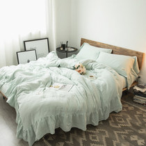 Nordic simple princess style cotton double-layer gauze four-piece sweet lotus leaf lace cotton nude sleeping bedding