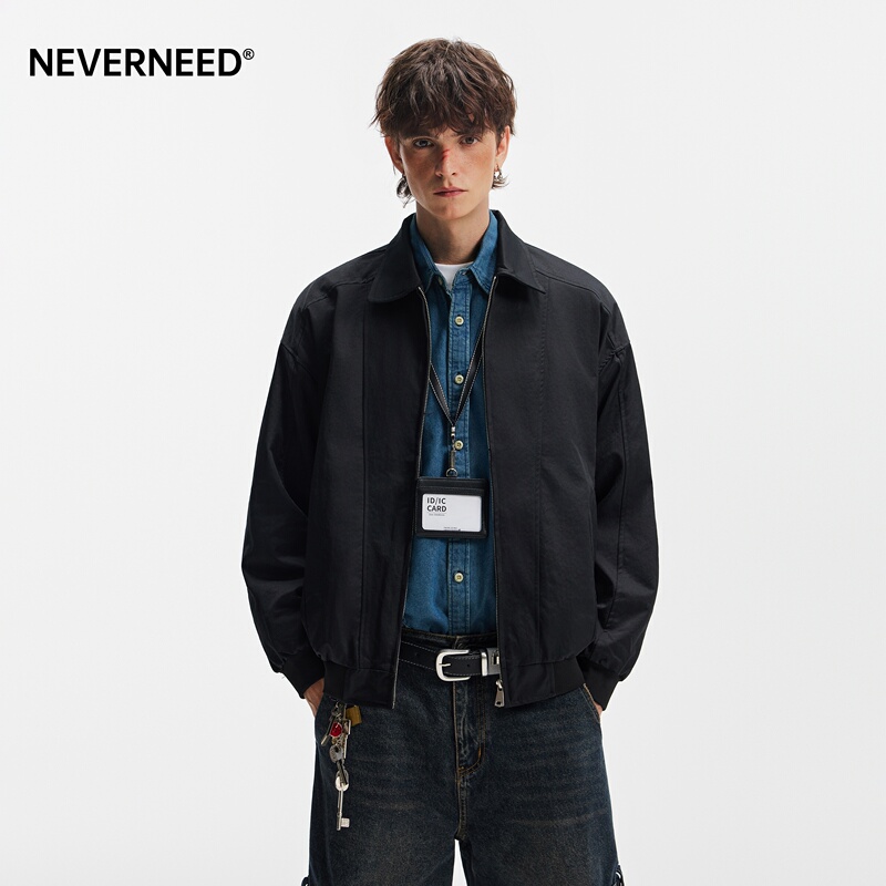 Neverneed Patchwork Deconstructed Lapel Jacket for Men and Women, Autumn American Retro Loose-Fitting Couple's Bomber Jacket