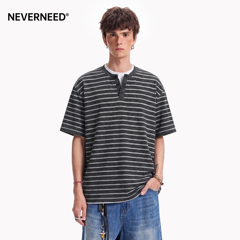 Neverneed Fake Two-Piece Striped Color-Block Short-Sleeve T-Shirt for Men and Women, Summer American Retro Couple Half-Sleeve T-Shirt Trendy
