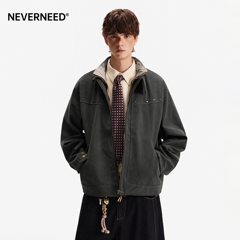Neverneed Harrington Studded Single-Sided Fleece Jacket for Men, Spring American Style Trendy Brand Boxy Short Wide Workwear Jacket