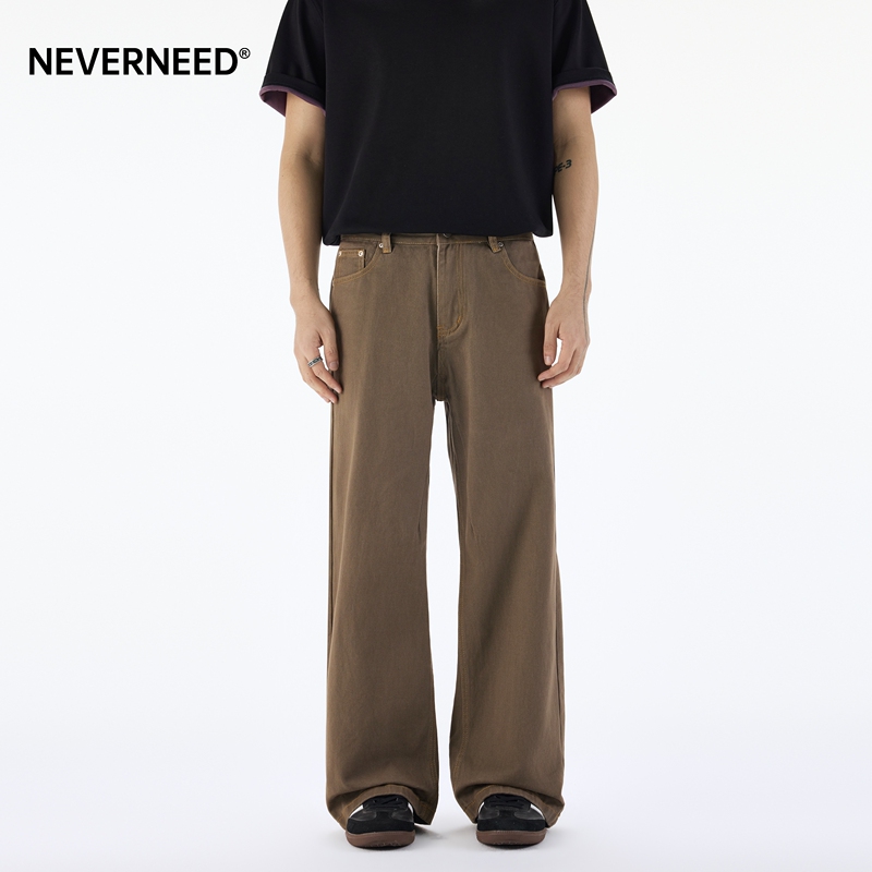 Neverneed Melard Washed Straight-Leg Jeans for Men and Women, Spring American Retro Pure Cotton Loose Wide-Leg Pants