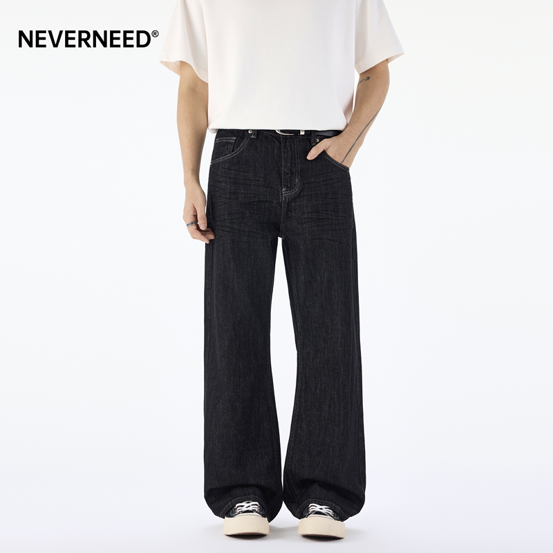 Neverneed Black Whiskered Flared Jeans for Men and Women, Spring American Style Cleanfit Loose Wide-Leg Pants